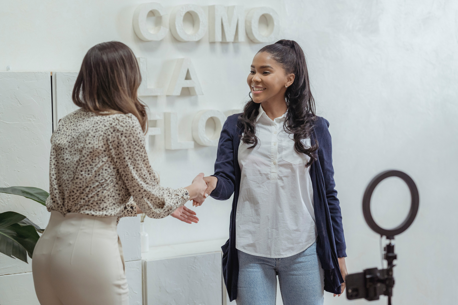 Smiling black woman greeting woman in office